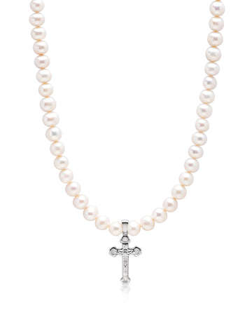 Nialaya Men's Necklace Pearl Necklace with Silver Cross 20 Inches / 50.8 cm MNEC_208